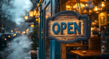 Fototapeta premium Open Sign on a Cozy Rainy Evening Cafe