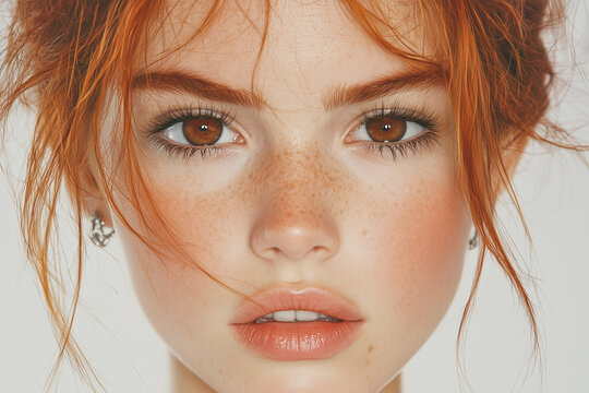 Portrait of young beautiful woman face. Beautiful freckles and white wall background. Teengaer