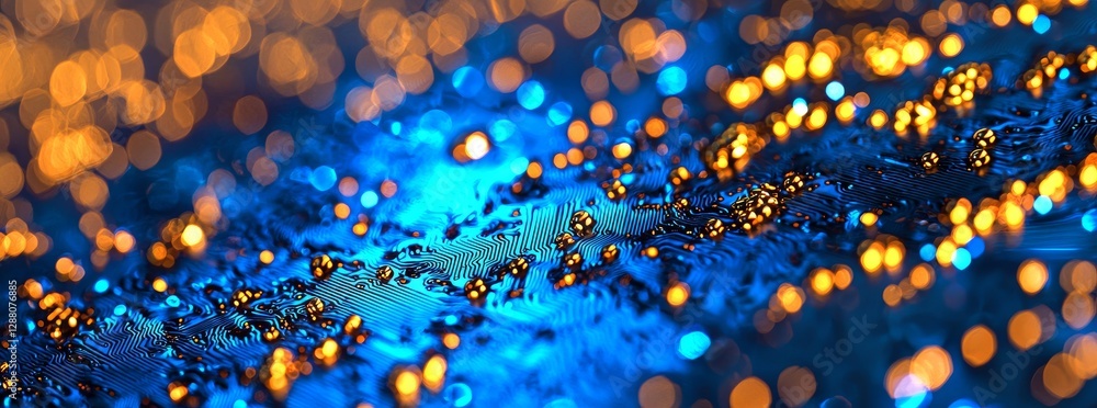 Poster the image of a computer chip with blue and orange lights embodies a futuristic digital circuit with 