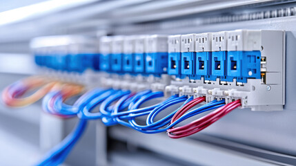 A detailed view of electrical circuit breakers with colorful wires, showcasing organized wiring in a modern electrical panel.