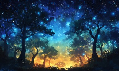 Fototapeta premium Enchanting starry night in a mystical forest with vibrant colors and glowing trees