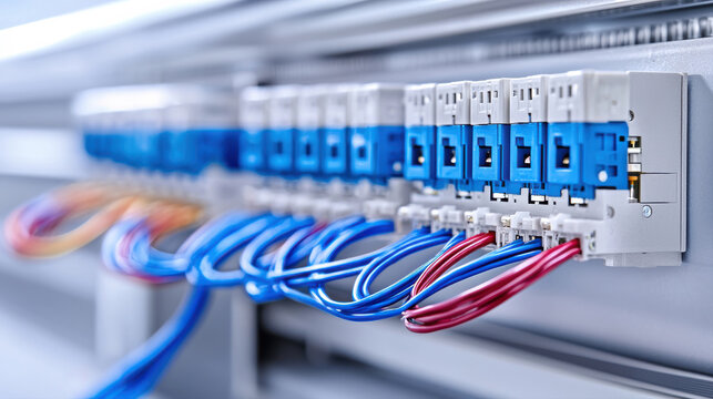 A detailed view of electrical circuit breakers with colorful wires, showcasing organized wiring in a modern electrical panel.
