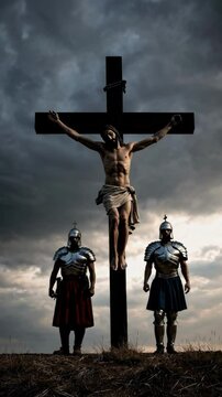 Crucifixion scene with Roman soldiers at sunset, dramatic clouds and divine light, religious and historical representation, Easter and Christianity symbolism