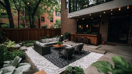 Obraz premium Transformation of the backyard with the installation of a new patio and organized outdoor furniture