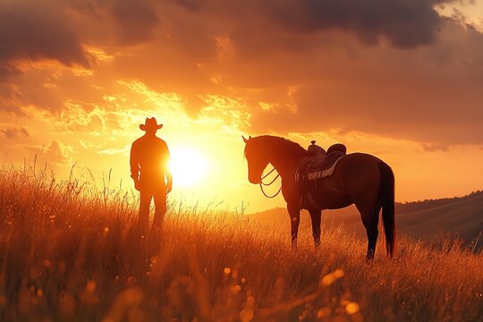 Cowboy alongside horse at sunset on grassy landscape