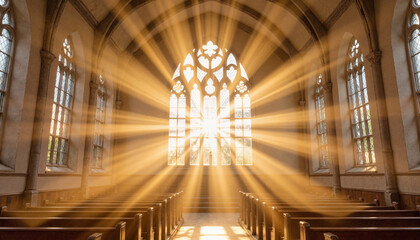 Obraz premium Sunlight streaming through stained glass windows in church