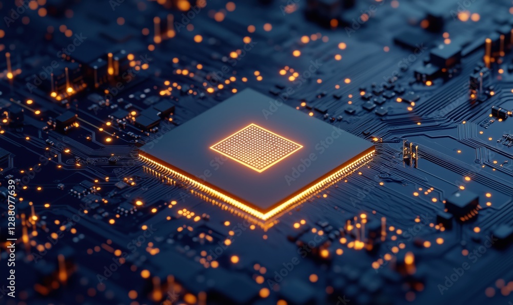 Poster high-tech microprocessor on circuit board with glowing connections and intricate design