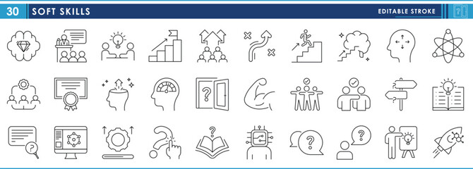 A set of line icons related to Soft Skills. Public speaking, friendliness, empathetic, team, analysis, innovation, research, questioning, motivation, and so on. Vector editable stroke.