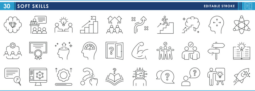 A set of line icons related to Soft Skills. Public speaking, friendliness, empathetic, team, analysis, innovation, research, questioning, motivation, and so on. Vector editable stroke.