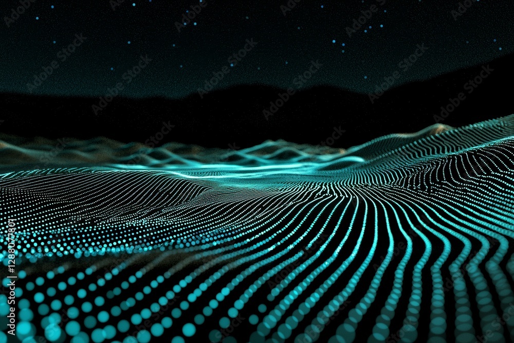 Aufkleber a digital landscape with stylized features, illuminated by bright blue and cyan hues set against a d