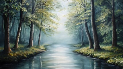 Obraz premium Serene Forest Stream: A tranquil forest stream meanders through a misty, enchanting landscape, reflecting the soft light filtering through the trees, creating a sense of calm.