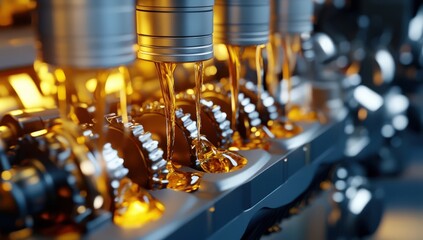 Close-up view of engine parts being lubricated with golden oil.  The image highlights the precision and intricate details of the mechanism.