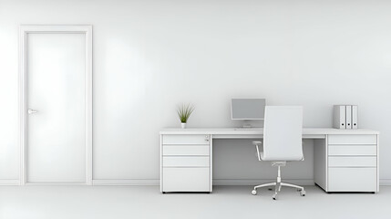 Minimalist White Office Interior with Desk and Computer