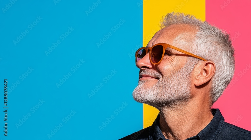 Poster man with a beard and glasses is smiling and looking up at the camera. the background is a colorful w