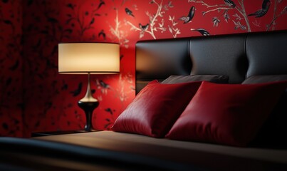 Elegant bedroom with red wallpaper and stylish lamp creating a cozy atmosphere