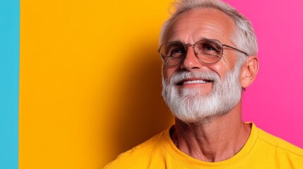 Obraz premium Man with glasses and a big smile is wearing a yellow shirt. He is looking at the camera and he is happy