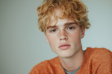 Portrait of Young man (boy, teenager, student, 20, 25, 30 years old) in room with white walls. He is handsome person