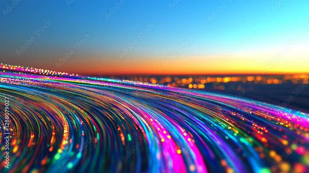 Aufkleber information flows as abstract swirls through the digital communication of optical fiber and data sup