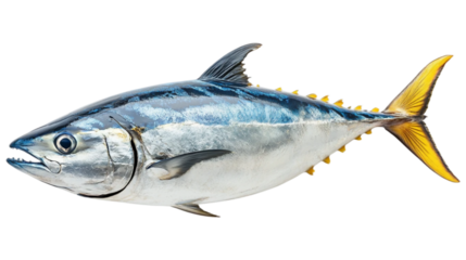 A whole Bluefin Tuna, a powerful saltwater fish with a massive, torpedo-shaped body isolated on white background. Suitable for marketing or business purposes. PNG file