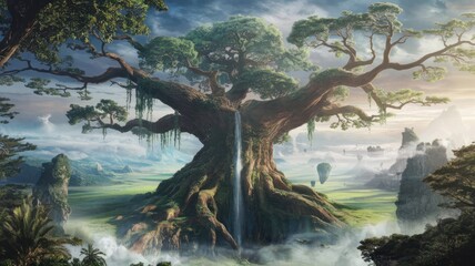 Fototapeta premium Majestic Fantasy Tree with Waterfalls in Enchanted Landscape