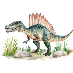 Fototapeta premium watercolor dinosaur Standing in the forest with rocks and plants Isolated on white background
