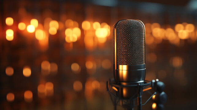 Professional studio microphone recording session warm lights background dark blur music audio retro
