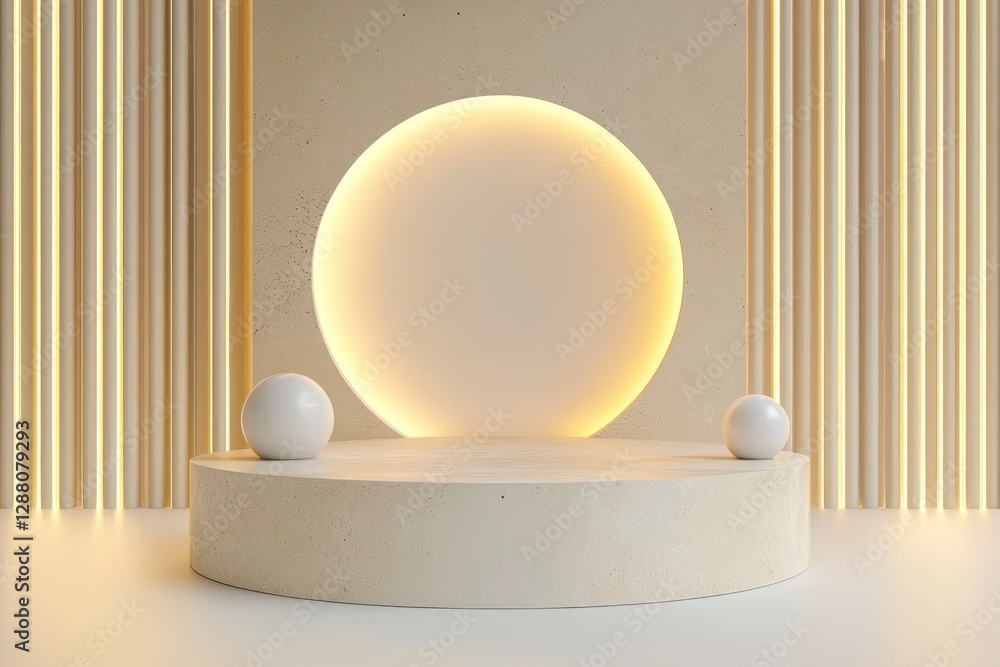 Aufkleber subtle lighting on a minimalist podium with open space to display and promote a product.