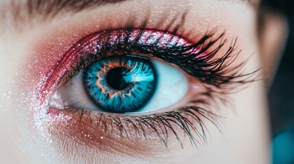 Obraz premium An eye, belonging to a person, is captured in a close-up that is particularly alluring, with natural makeup applied flawlessly