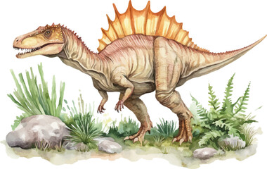 Fototapeta premium watercolor dinosaur Standing in the forest with rocks and plants Isolated on white background