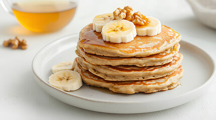 A stack of fluffy banana pancakes drizzled with syrup, topped with banana slices and walnuts, served on a white plate. A warm and inviting breakfast scene with a cup of tea in the background