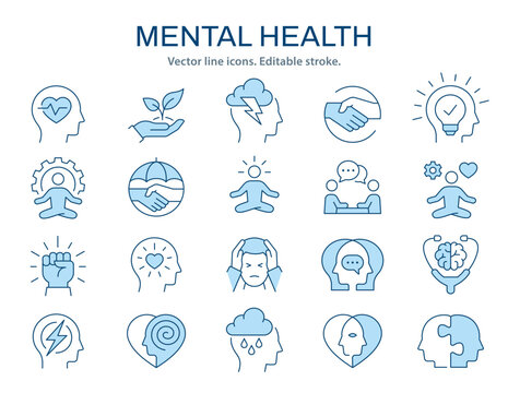 Mental health icons, such as emotions, therapy, psychology and more. Vector illustration isolated on white. Editable stroke.
