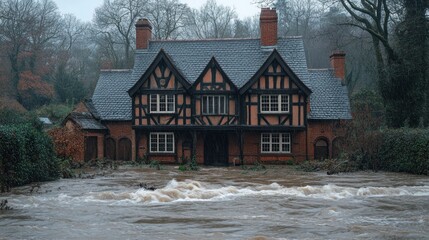 English house flooded UK home, torrential rain, overflowing river house damage. Global warming impact. Climate change