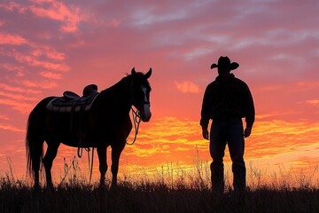Cowboy silhouetted against a vibrant sunset with his horse in a rural landscape