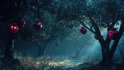 Enchanted apple orchard at night, glowing fruit under moonlight