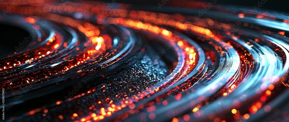 Poster digital technology manifests as dynamic curves and waves set against an abstract red background