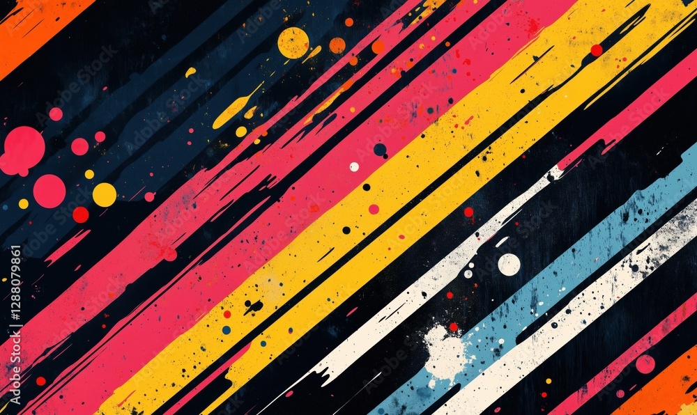 Poster vibrant abstract art with diagonal stripes and colorful splashes on dark background