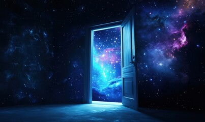 Open door to cosmic universe with vibrant galaxies and stars