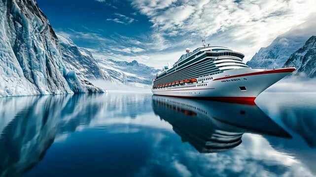 Large cruise ship navigating icy waters near glacier