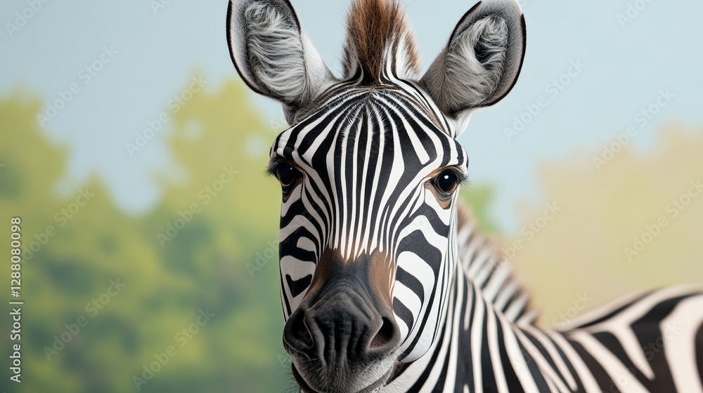 Poster zebra is looking at the camera with its mouth open. the zebra is in a natural setting with trees and