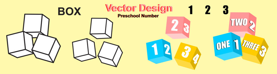 Preschool number 123 block 3d icon isolated on illustration background of one two three education cube brick concept or school learn child play toy sign and kid math count box simple study vector symb
