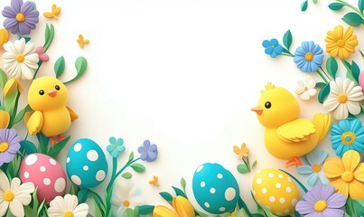 Colorful Easter scene with cute chicks and decorated eggs surrounded by flowers