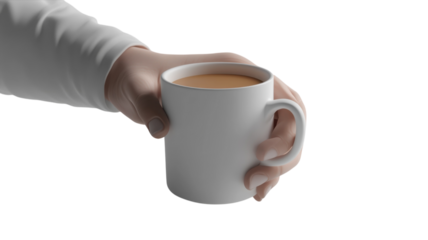 Warm cup of tea held in a hand against a white backdrop in a cozy indoor setting during a calm morning