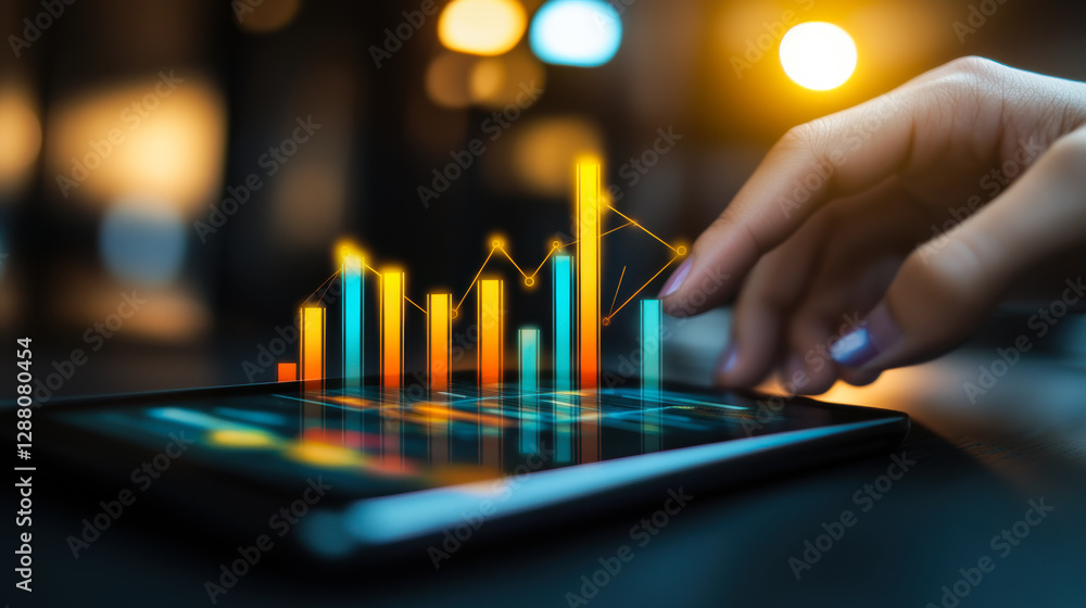 Poster digital smart device display shows colorful data analytics and insights at night in a modern workspa