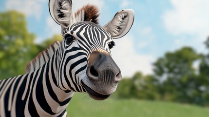 Zebra is looking at the camera with its mouth open. The zebra is in a grassy field with trees in the background. Scene is lighthearted and playful, as the zebra appears to be smiling