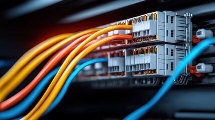 Fototapeta premium A close-up view of network cables connected to a server, showcasing vibrant colors and intricate wiring in a technology-driven environment.