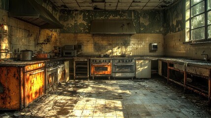 Fototapeta premium Abandoned kitchen with decaying paint, vintage equipment, and light streaming
