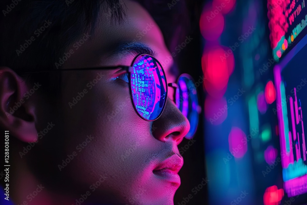 Poster a man focused on programming, coding, and trading, surrounded by holograms, emphasizing cyber securi