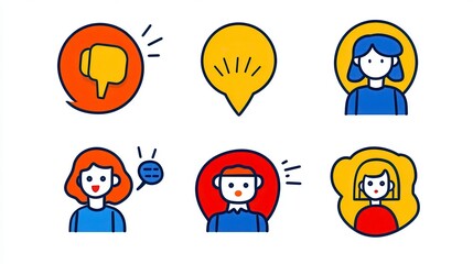 Fototapeta premium Colorful Pixel Art Communication Icons Diverse Facial Expressions and Speech Bubbles
