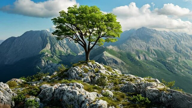 Panorama of a lonely tree in the Mountains Footage 4K