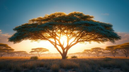 Sunset, acacia tree, savanna, Africa, serene